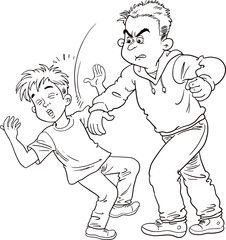 Vector cartoon illustration of father fighting His Son. Angry parent. Wrong education, psychology