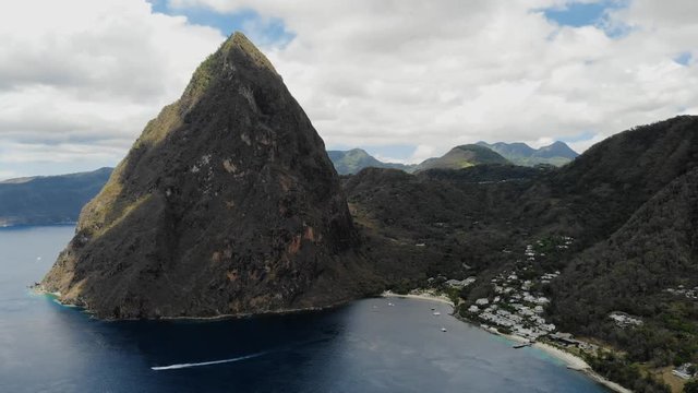 drone view from above at the huge Pitons of Saint Lucia, St Lucia Caribbean
