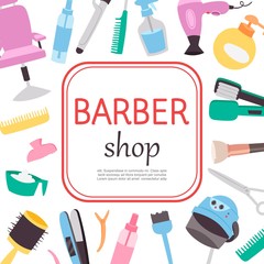 Barber shop cartoon poster, barber work tools template with your text. Barbershop chair, hair brushes, hairdryer, scissors, beard cutting accessories. Hairstylist vector illustration.