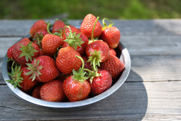 Strawberries in a bowl on a wooden table, outdoors on a green blurred background of leaves and trees