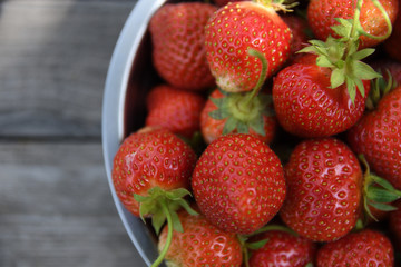Strawberries in a bowl on a wooden table, outdoors on a green blurred background of leaves and trees
