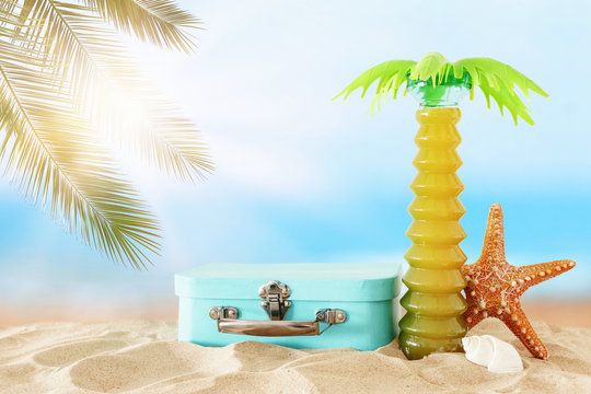 holidays. nautical, vacation and travel image with sea life style objects in the beach sand