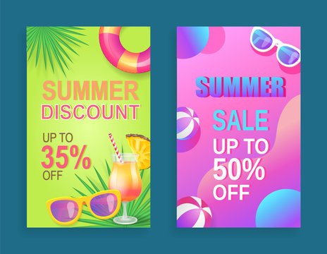 Summer sale propositions set of posters vector. Sell out and reductions of cost, cocktail with pineapple slice and straw. Lifebuoy and ball for games