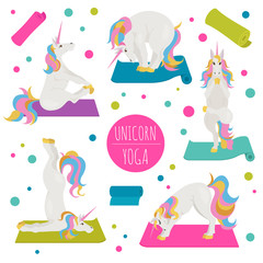 White unicorn yoga poses and exercises. Cute cartoon clipart set.