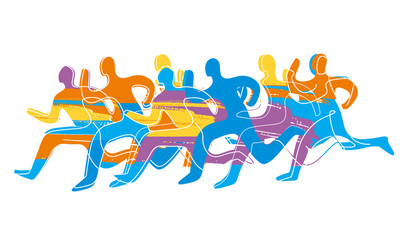  Running race, marathon.  Colorful expressive stylized illustration of running racers. Vector available.