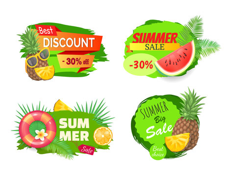 Best discount and summer sales banners set. Pineapple with sunglasses, watermelon fruit and saving ring lifebuoy. Tropical leaves of palm tree vector