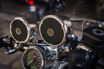 steering wheel with music speakers on a motorcycle
