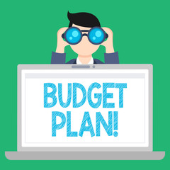 Word writing text Budget Plan. Business concept for estimate of income and expenditure for set period of time Man Holding and Looking into Binocular Behind Open Blank Space Laptop Screen.