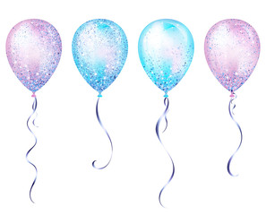 Flying glossyblue and purple shiny realistic 3D helium balloons with gold ribbon and glitter sparkles, perfect decoration for birthday party brochures, invitation card or baby shower