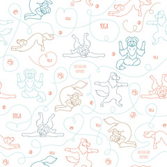 Yoga dogs poses and exercises. Australian shepherd seamless pattern