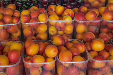 baskets of ripe apricots for sale in the steet shop.