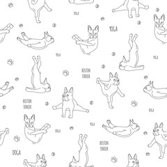 Yoga dogs poses and exercises. French bulldog linear seamless pattern