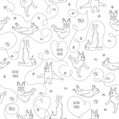 Yoga dogs poses and exercises. French bulldog linear seamless pattern
