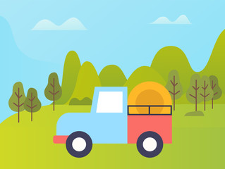 Green field vector, truck transporting grain to destination, hay bales in machine. Greenery of forest and meadows, industrial agriculture, farming