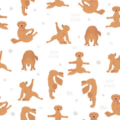 Yoga dogs poses and exercises. Golden retriever seamless pattern