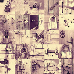 door lock for key closing, keyhole, bolt. Collection of old vintage retro locks on the textured colored door. Close-up.