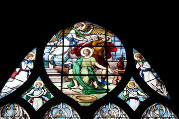 Beheading of John the Baptist, stained glass window in Saint Severin church in Paris, France 