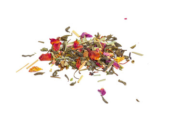 Green tea with dry flowers on white background. Close up