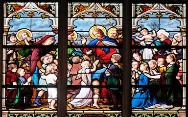 Jesus, Friend of Little Children, stained glass window in Saint Severin church in Paris, France 