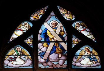 Saint Andrew, stained glass window in Saint Severin church in Paris, France 