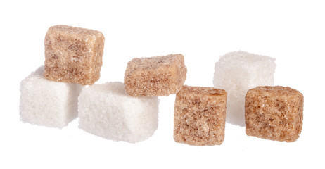 White refined sugar and brown unrefined sugar cubes
