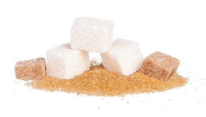 sugar cubes and sugar-sand on a white background