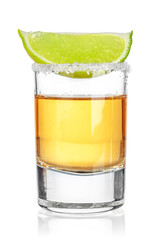 Gold tequila shot  isolated on white background