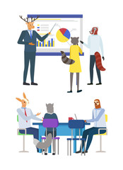 Presentation of ideas on board vector, deer hipster animal with colleagues cat and sloth, coworkers sitting by table sharing thoughts brainstorming