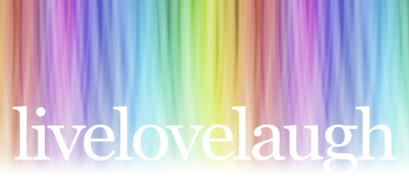 Live Laugh Love Message Banner - wide rainbow coloured linear banner with white reverse out words live laugh love fading off the bottom 
