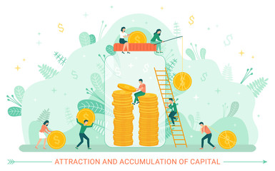 Attraction and accumulation of capital vector, people dealing financial assets and investment in future. Jar with gold dollars and coins of currency. Financial accumulation money in capitalism market
