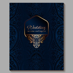 Wedding invitation card with gold shiny eastern and baroque rich foliage. Royal blue Ornate islamic background for your design. Islam, Arabic, Indian, Dubai.