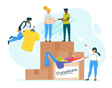 People donating clothes together flat vector illustration