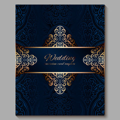 Wedding invitation card with gold shiny eastern and baroque rich foliage. Royal blue Ornate islamic background for your design. Islam, Arabic, Indian, Dubai.