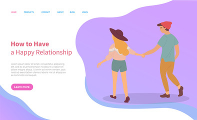 How to have happy relationships, people walking holding hands, back view man and woman. Vector cartoon lady and guy in hats, summertime. Website or webpage template, landing page flat style