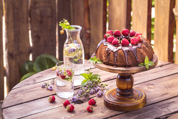 chocolate cake with fresh strawberries and chocolate icing summer mood