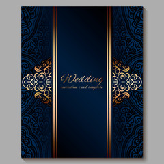 Wedding invitation card with gold shiny eastern and baroque rich foliage. Royal blue Ornate islamic background for your design. Islam, Arabic, Indian, Dubai.