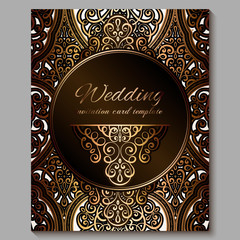 Wedding invitation card with gold shiny eastern and baroque rich foliage. Royal bronze Ornate islamic background for your design. Islam, Arabic, Indian, Dubai.