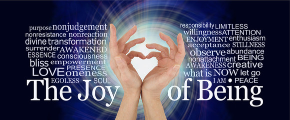 The Joy of Being word cloud - pair of female hands making a heart shape against a white rotating...