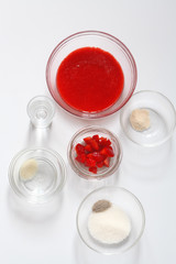 Different ingredients for cooking bakery foods, on white background.