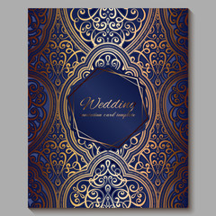 Wedding invitation card with gold shiny eastern and baroque rich foliage. Royal blue Ornate islamic background for your design. Islam, Arabic, Indian, Dubai.