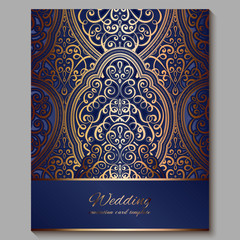 Wedding invitation card with gold shiny eastern and baroque rich foliage. Royal blue Ornate islamic background for your design. Islam, Arabic, Indian, Dubai.