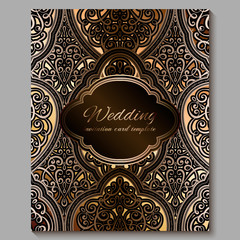 Wedding invitation card with gold shiny eastern and baroque rich foliage. Royal bronze Ornate islamic background for your design. Islam, Arabic, Indian, Dubai.