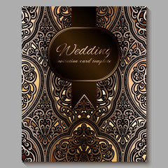 Wedding invitation card with gold shiny eastern and baroque rich foliage. Royal bronze Ornate islamic background for your design. Islam, Arabic, Indian, Dubai.