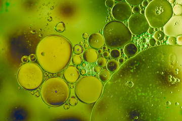 Macro shot of water oil emulsion over colored background