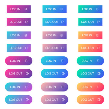 Log In Log Out Web Buttons Set. Filled Ui Web Buttons In Flat Style. Rounded And Rectangular Vector Buttons On Trendy Gradients With Icons For Web And Ui Design