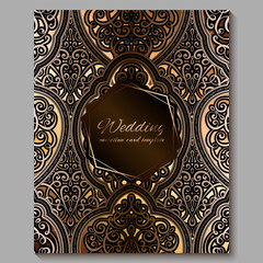 Wedding invitation card with gold shiny eastern and baroque rich foliage. Royal bronze Ornate islamic background for your design. Islam, Arabic, Indian, Dubai.