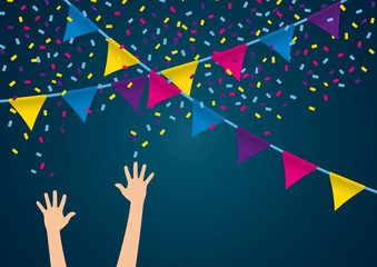 Vector party background with colored triangle flags and hands throwing confetti