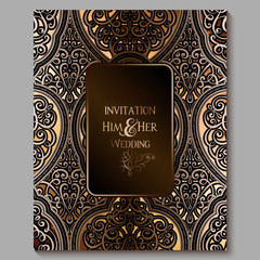 Wedding invitation card with gold shiny eastern and baroque rich foliage. Royal bronze Ornate islamic background for your design. Islam, Arabic, Indian, Dubai.