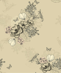 Seamless wallpaper with flowers and butterflies. Vector illustration.