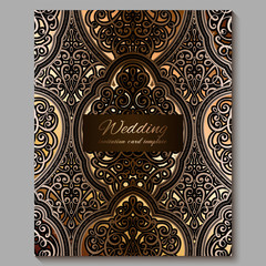 Wedding invitation card with gold shiny eastern and baroque rich foliage. Royal bronze Ornate islamic background for your design. Islam, Arabic, Indian, Dubai.